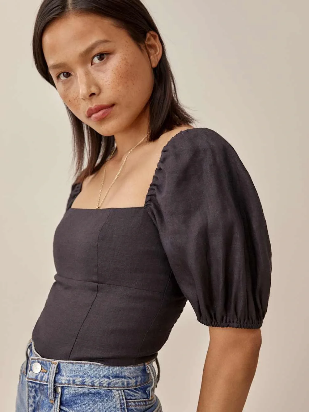 Reformation Arancini Black 100% Linen Square Neck Puff Sleeve Blouse Top Size 8